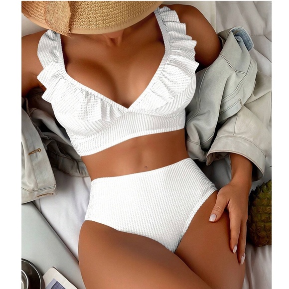 Boho White Ruffle Detail Bikini Swimsuit - Picture 1 of 9